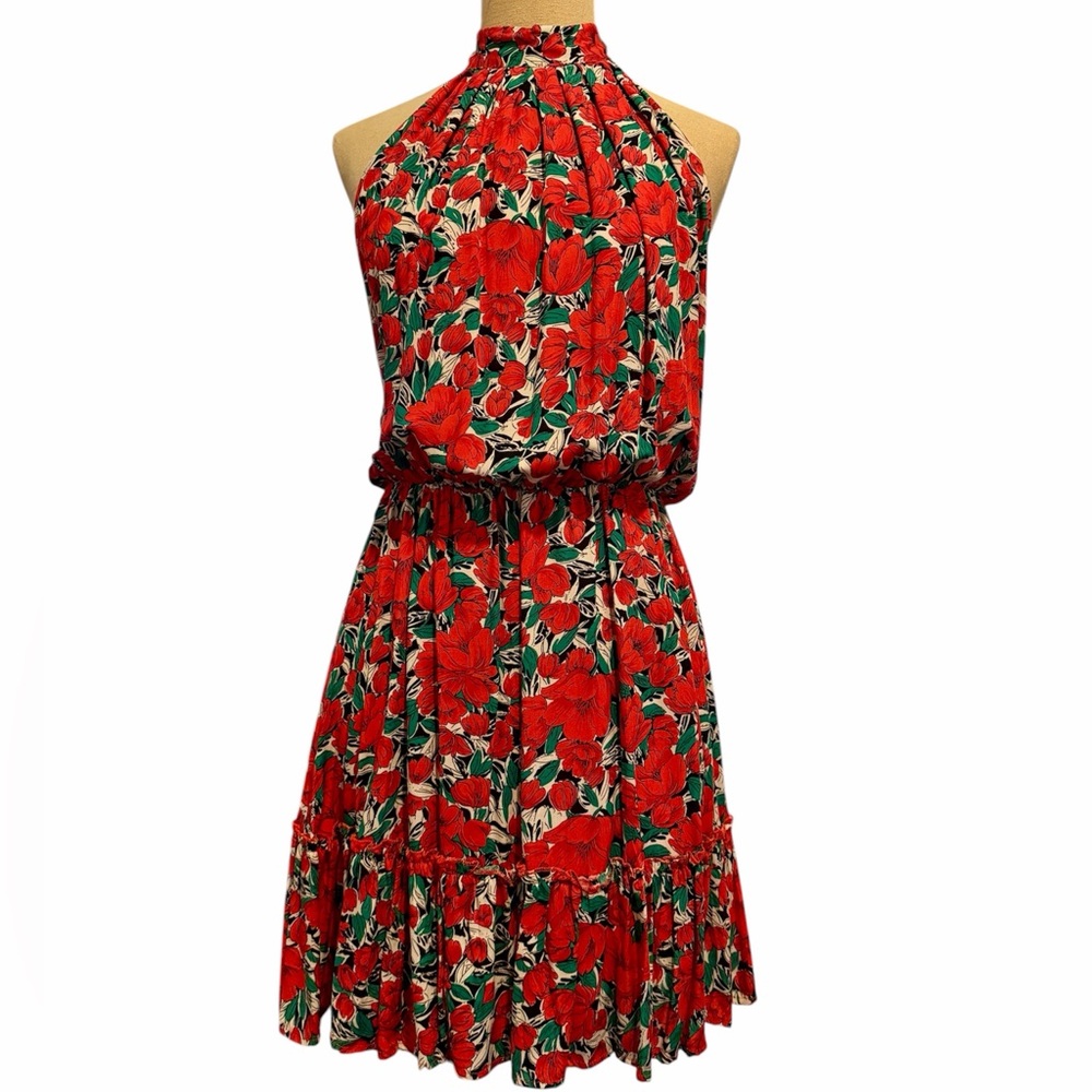 Red Floral Halter Summer Dress - Sleeveless Tie-Neck